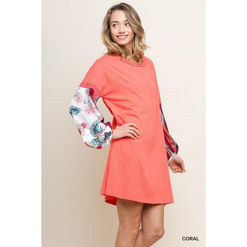 Umgee Dress Coral Knit Round Neck Tee Dress Medium - Picture 2 of 4
